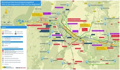 Kaart van wegenprojecten in Nederland, met kleuren en uitleg per projectlocatie.